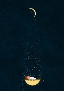 Nativity scene in the night sky with stars and moon.